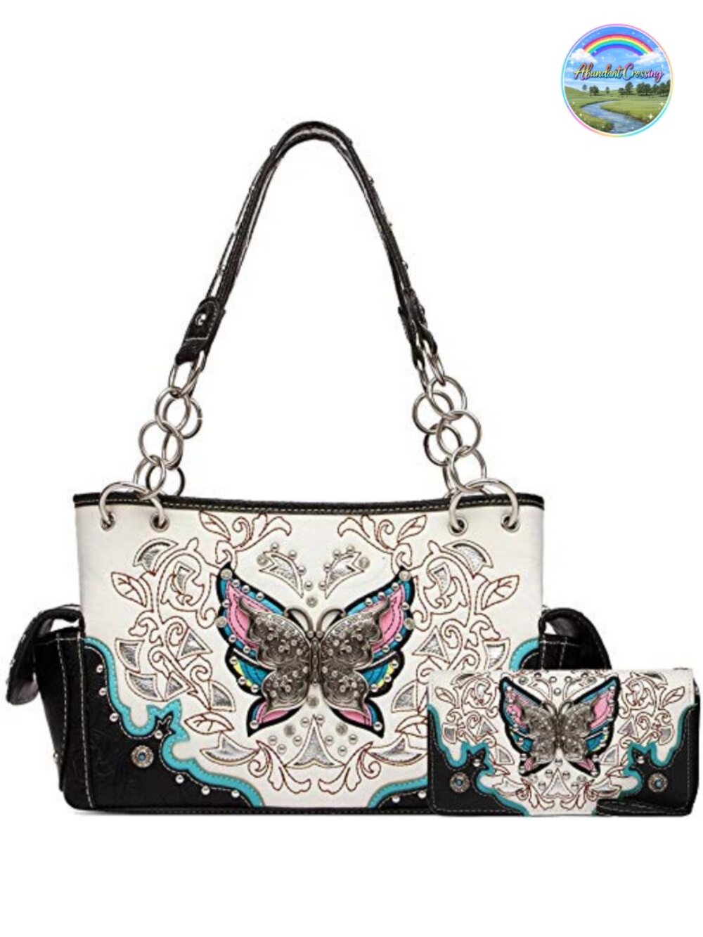 Faux Leather Western Shoulder Bag with Wallet Set Rhinestone Stud Purse
